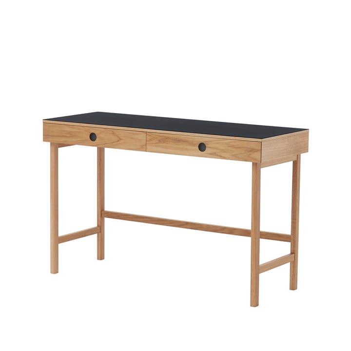 Mind skrivebord - sort linoleum, skuffer og ben i olieret egetræ - A2